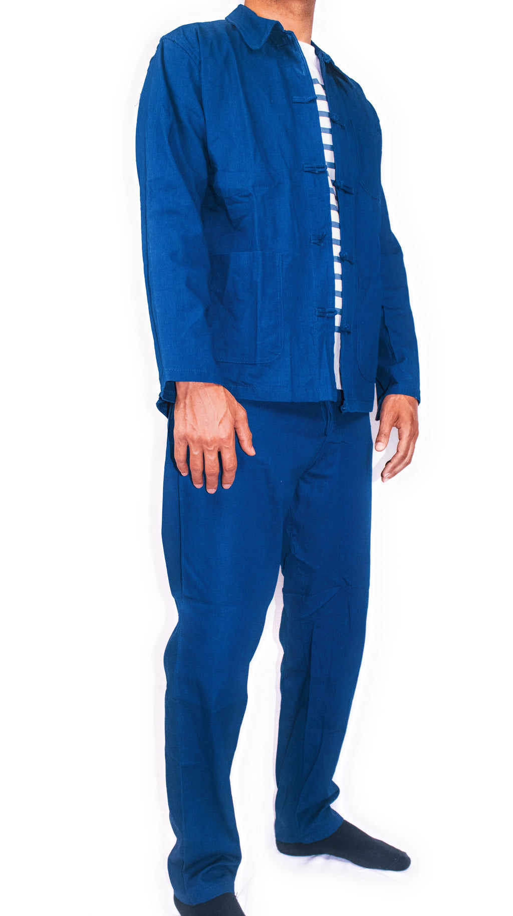 Pantalon droit bleu de chine, taille réglable, coton